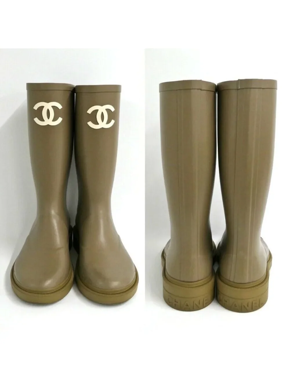 Chanel Lava Rain Boots Long 37 Dark Beige Khaki Shoes